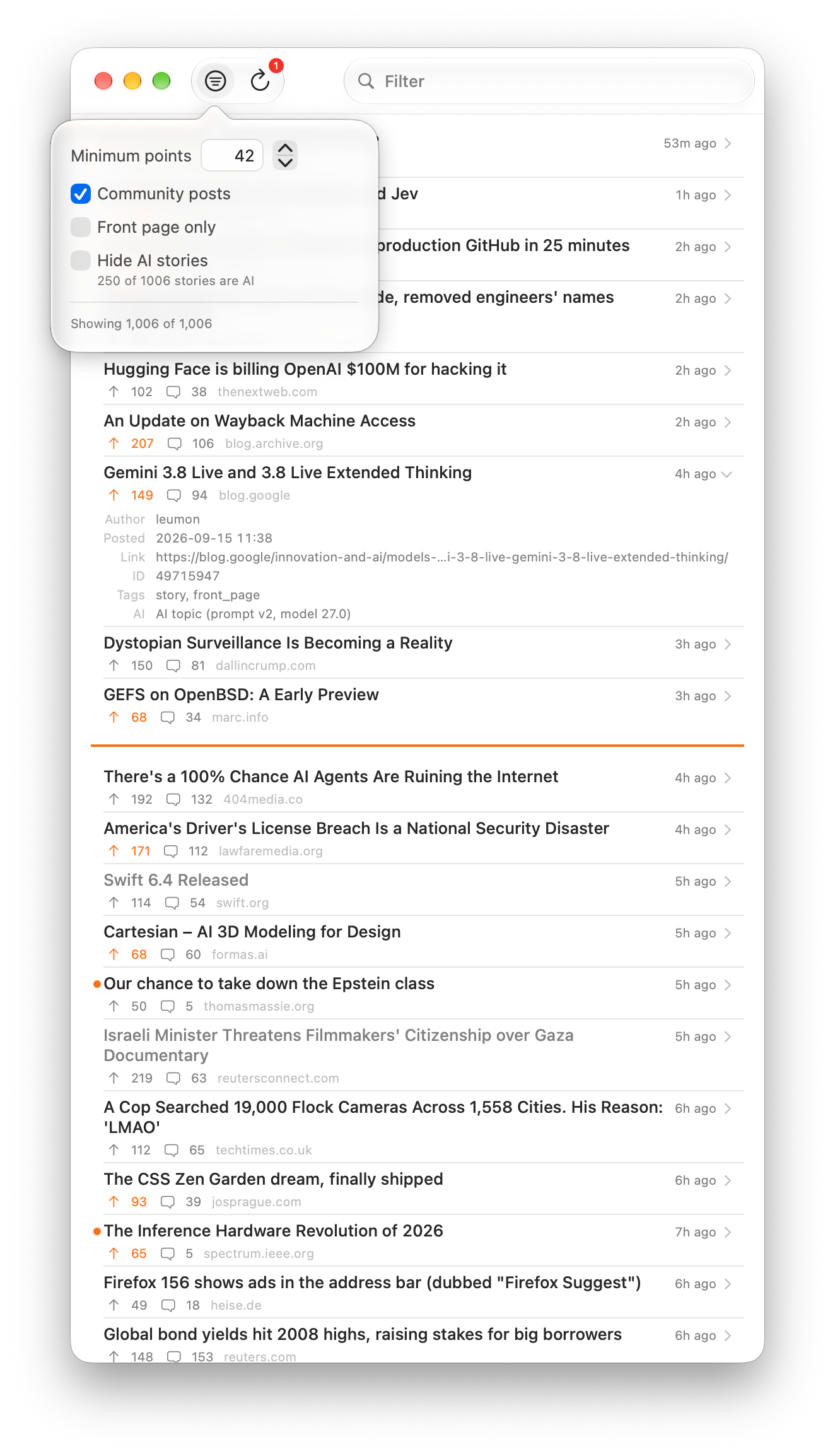 HN Reader window listing Hacker News stories with points, comment counts, source domains, and relative timestamps