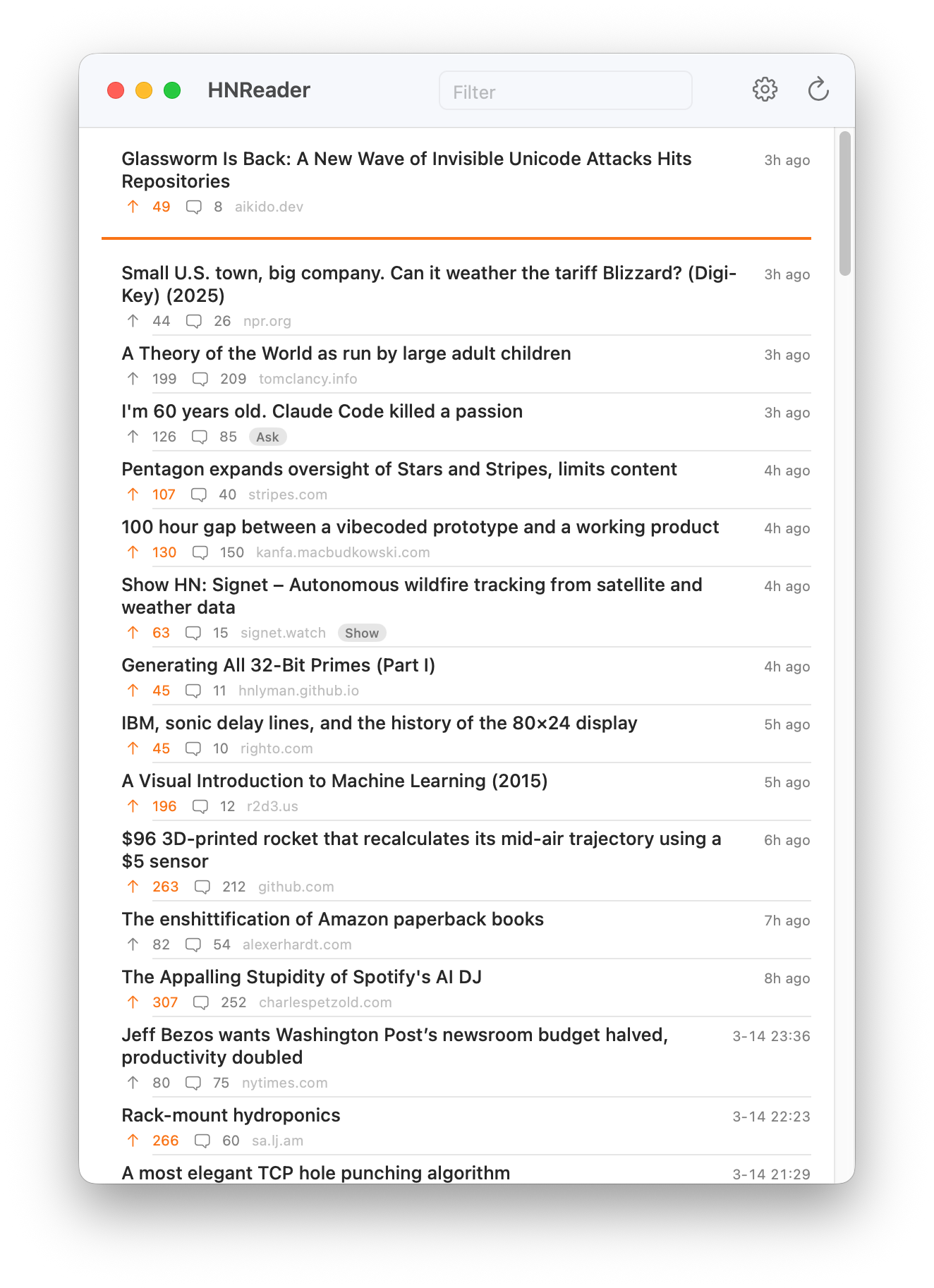 HNReader macOS app showing a list of Hacker News stories with points, comments, and relative timestamps